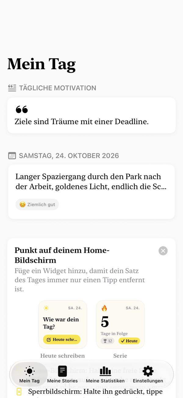 Der Bildschirm „Mein Tag“ mit dem Zitat des Tages und der heutigen Story.