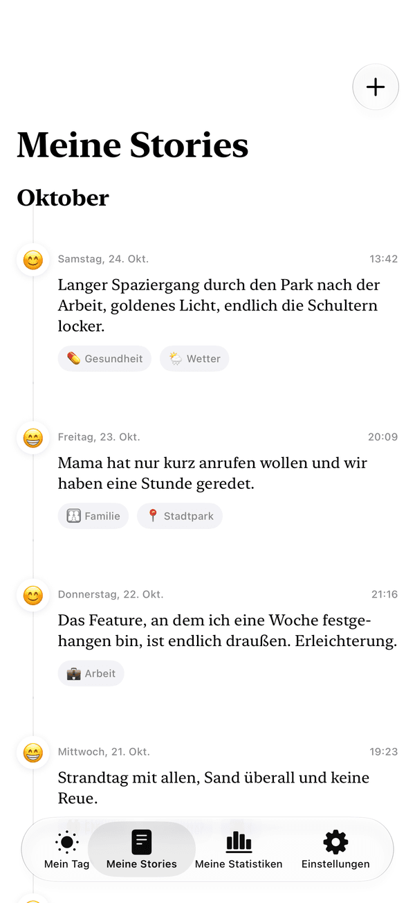 Die Timeline „Meine Stories“ in der Punkt-App: ein Satz, ein Gefühl und die Gründe pro Tag.