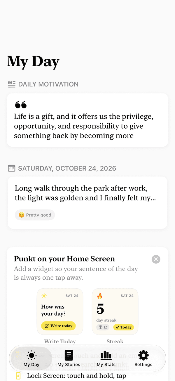 The My Day screen with the daily motivation quote and today’s story.