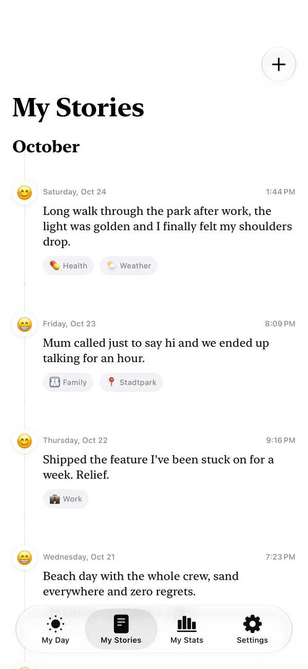 The My Stories timeline in the Punkt app: one sentence, feeling and reasons per day.